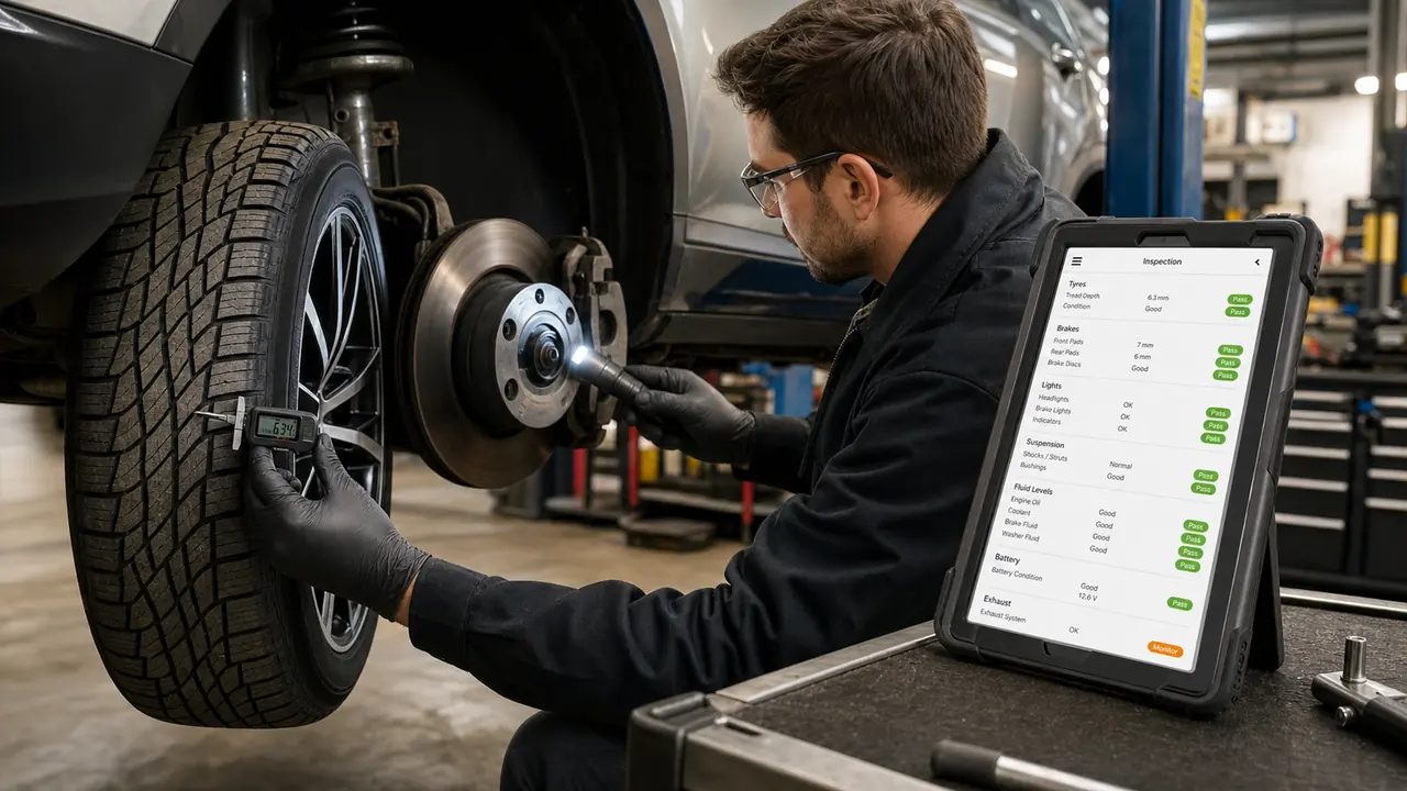 Mechanic inspecting a tyre and brake disc with a tablet checklist nearby