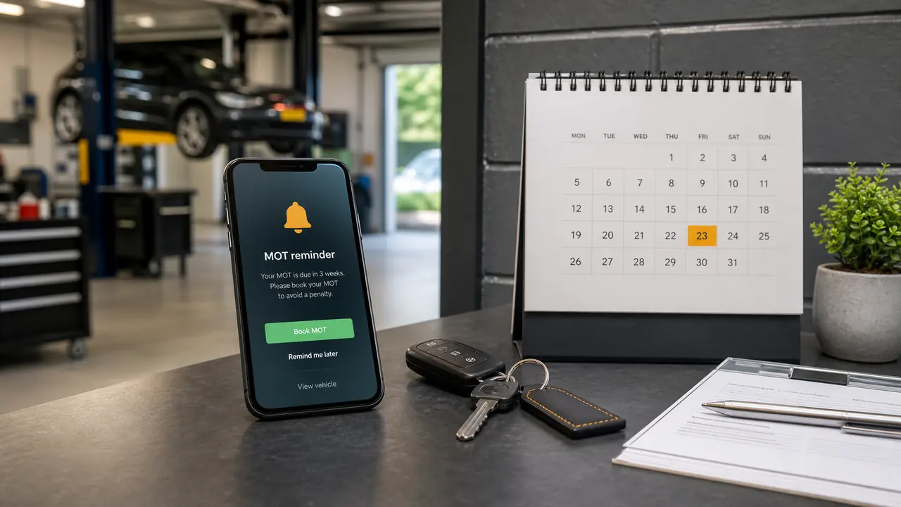 Phone and calendar on a garage counter for MOT reminders