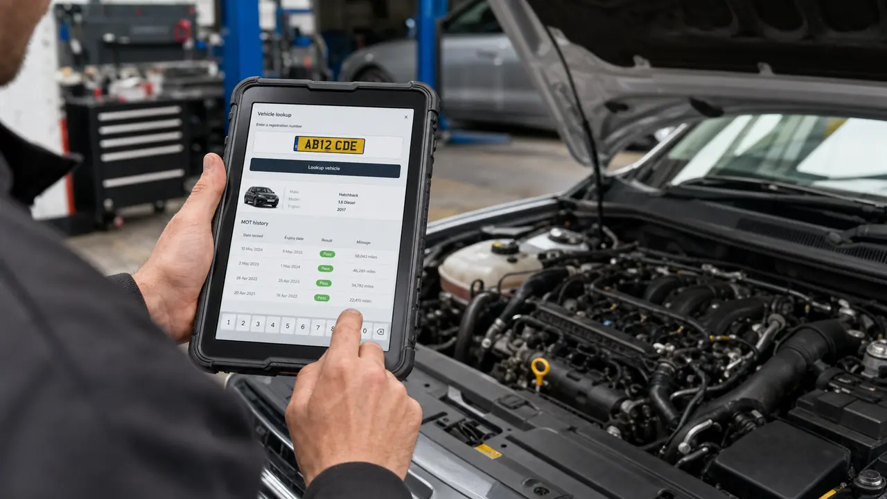 Mechanic entering a registration plate into a workshop tablet