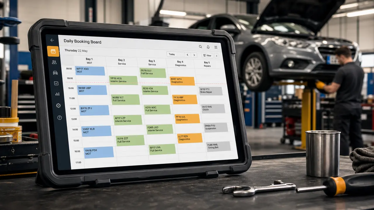 Workshop tablet showing a daily booking board in a garage