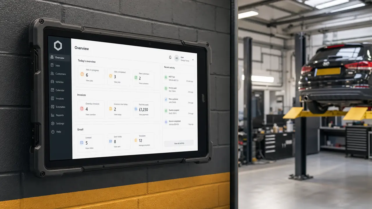 Wall-mounted tablet showing a white-label garage dashboard